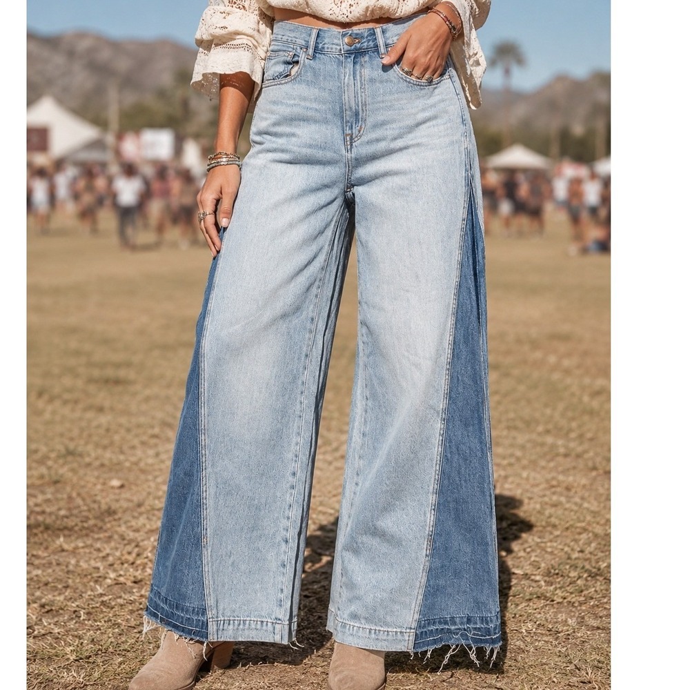 Madewell Two Tone High Rise Wide Leg Jeans Light Wash Raw Hem 24 Blue Colorblock